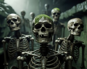 A chilling image of multiple skeletons standing in a dark, misty environment, evoking a sense of horror and undead mystery. Perfect for Halloween posters or dark fantasy visuals.
