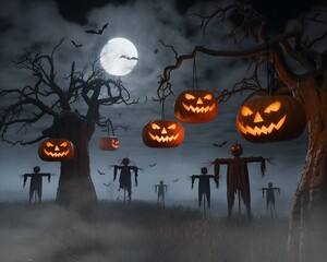 A dark and misty Halloween night scene featuring eerie trees, glowing jack-o’-lanterns hanging from branches, and scarecrows under a full moon with bats flying overhead.