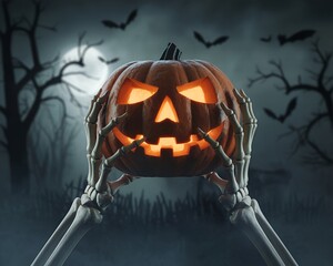 A creepy Halloween background where skeleton hands hold a glowing pumpkin surrounded by spider webs, bats, and twisted trees under the full moon.