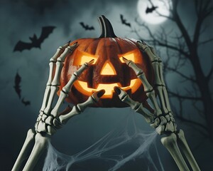 A haunting Halloween scene showing skeleton hands gripping a glowing jack-o’-lantern in front of a moonlit sky filled with bats and eerie mist.