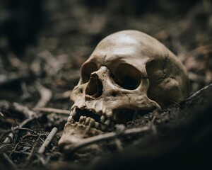 A realistic close-up of a human skull lying on dark soil, surrounded by twigs and shadows. Ideal for horror design, anatomy visuals, or Halloween-themed artwork.