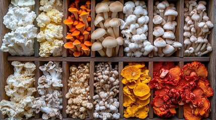 Assorted Mushrooms Arranged in Wooden Compartments