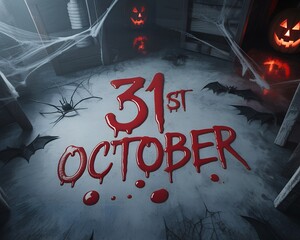 Dripping blood “31st October” text surrounded by spiders, bats, and cobwebs in a creepy Halloween setting.