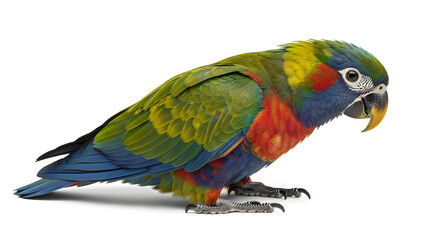 Fototapeta premium A colorful bird, specifically a vibrant parrot with green, blue, yellow, and red feathers, standing alone on a plain white background.