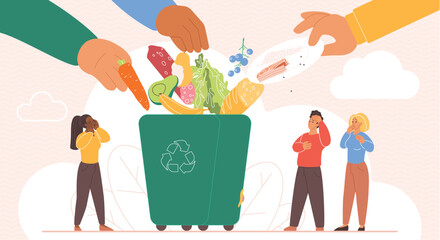 Awareness of recycling biodegradable organic garbage and food waste into compost. Sad tiny people watch big hands throw meals leftovers off plates into trash container cartoon vector illustration