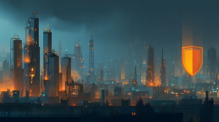 Glowing orange shield hovers over a dark, industrial cityscape at night