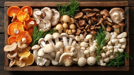 Assorted Mushrooms Arranged in Wooden Compartments