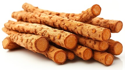 Stack of Fresh Licorice Roots on White Background
