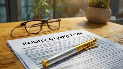 Document detailing personal injury claim resting on wooden surface next to reading glasses and writing instrument