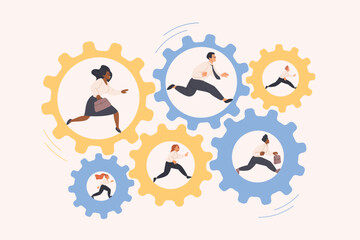 Strong teamwork cooperation for work progress, organization and productivity of business team. Tiny people run inside mechanic system of gears and cogwheels together cartoon vector illustration