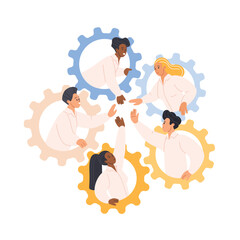Strong cooperation of dedicated team, incentives, motivation to success enterprise development, teamwork. Tiny people inside big gears building effective communication cartoon vector illustration