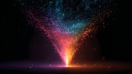 Bright rainbow colored particles ascend in a glowing vortex formation against a dark backdrop