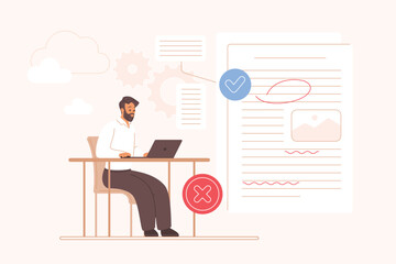 Correct grammar errors, edit text, proofreading process by corrector. Tiny man working with laptop to check grammar mistakes and spelling, improve document, authors essay cartoon vector illustration