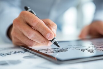 Professional's hand drawing digital sketches on a tablet screen with a stylus during a business meeting