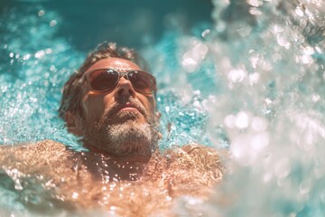 Man with beard and sunglasses floating in refreshing sparkling pool water enjoying summer leisure