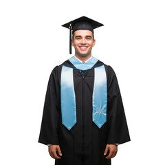 Joyful young graduate wearing a black academic gown cap and blue sash celebrating achievement isolated on transparent background