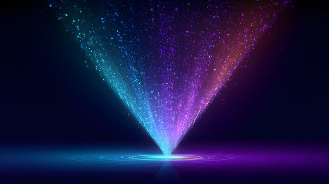 Brilliant stream of colorful light particles erupts upward from a glowing circular base