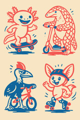 Set Of Playful Animal Sports Mascots Axolotl Pangolin Fox And Toucan In Retro Duotone