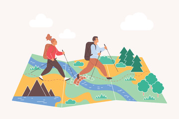 Travel summer adventure of people on map, journey in nature, tourism activity. Tiny couple with backpacks walking on trail, hiking in river and forest, mountain landscape cartoon vector illustration