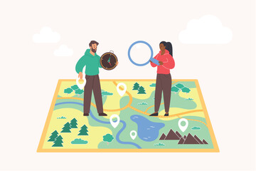 Tourism and map orienteering to create travel route for hiking trail, summer camp and trekking adventure. Tiny people with compass and magnifying glass pin location cartoon vector illustration
