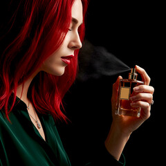 Elegant Woman with Red Hair Spraying Perfume