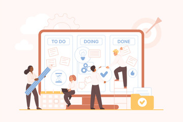 Kanban board online, interactive methodology to plan work cycle, project. Tiny people place stickers with check mark and text, puzzle pieces on table on computer screen cartoon vector illustration