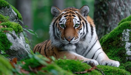 Fototapeta premium a majestic tiger lounging on moss-covered rocks in the dense forest, its stripes blending with nature's greenery