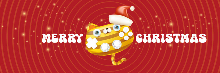Cute cat gamepad cartoon character vector illustration, striped kitty character wearing a Santa hat, Merry Christmas holiday greeting design, stickers, labels, cards and celebration wide banners