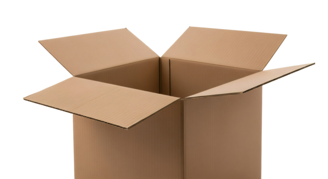 A medium-sized, open, brown cardboard box is shown against an isolated background.