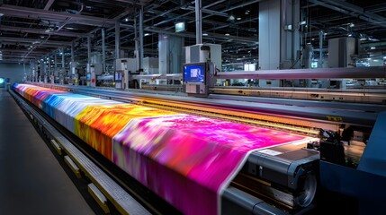 Large industrial machinery rapidly applies vivid, colorful designs onto a continuous roll of fabric