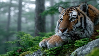 Fototapeta premium a majestic tiger resting on moss-covered rocks in the dense forest, its stripes blending with the greenery, creating an enchanting and wild scene