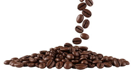 Naklejka premium A photographic image on a neutral background captures a pile of dark roasted coffee beans, with several more beans falling from above.