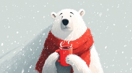 Polar bear wearing a vibrant red scarf, holding a steaming cup in snowy landscape, exuding warmth and coziness amidst winter wonderland atmosphere