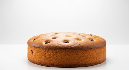 Round cake dotted with colorful fruit on white surface against plain backdrop