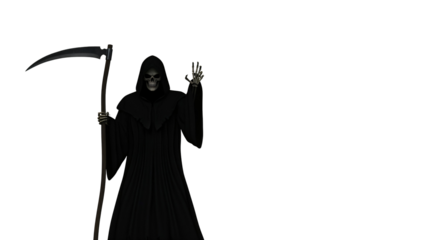 A figure representing the Grim Reaper stands against a transparent background. The figure holds a scythe in its left hand.