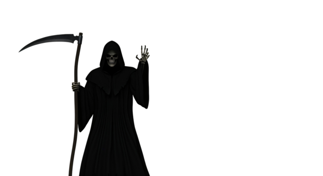 A figure representing the Grim Reaper stands against a transparent background. The figure holds a scythe in its left hand.