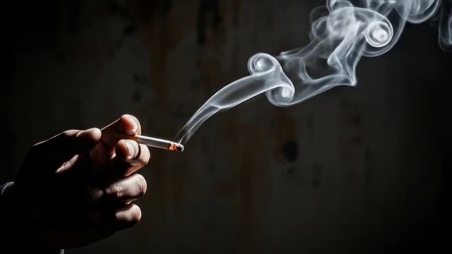 Atmospheric close-up of a hand holding a lit cylinder, with elegant smoke trails rising into dark shadows, reflecting quiet contemplation or a personal reflective pause