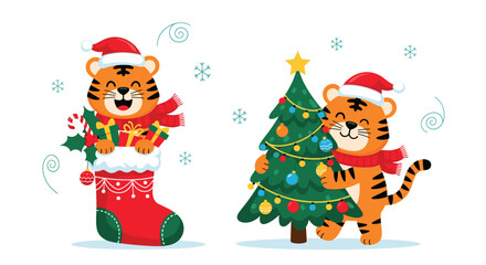 Festive Tiger Celebrates Christmas with Holiday Decorations.