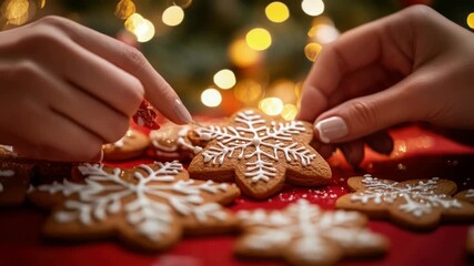 Close-up of hands decorating festive gingerbread cookies on red tablecloth with christmas tree lights in background, holiday mood - Powered by Adobe
