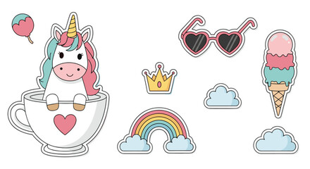 Naklejka premium Cute unicorn and other colorful objects on white background.