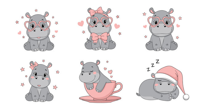 Cute cartoon hippos in various poses and outfits.