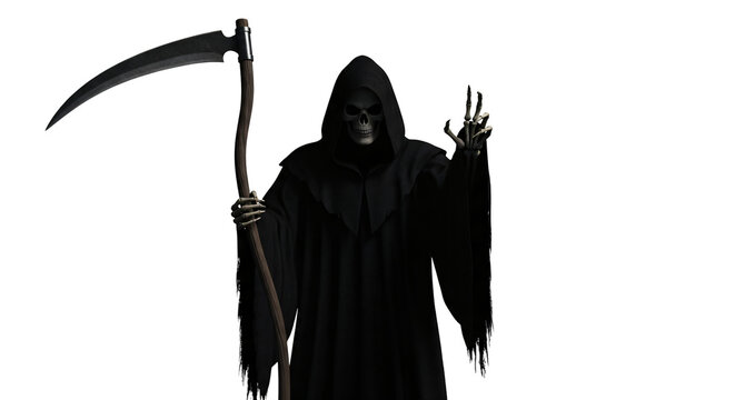A full-body image of a figure representing the Grim Reaper, centered against a transparent background. The figure is draped in a voluminous, floor-length, black hooded robe and holding a sickle. - Powered by Adobe