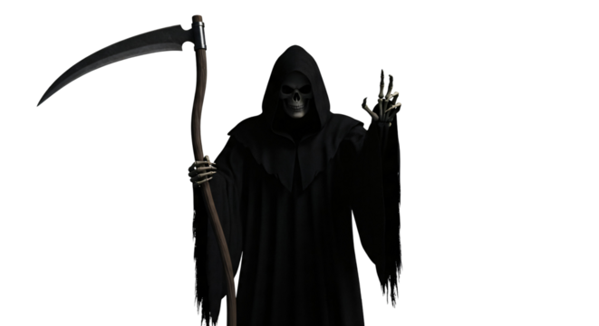 A full-body image of a figure representing the Grim Reaper, centered against a transparent background. The figure is draped in a voluminous, floor-length, black hooded robe and holding a sickle.