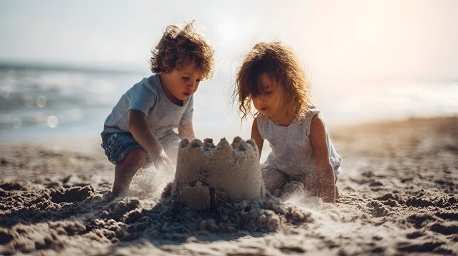 Two young children joyfully building an elaborate sandcastle on a sunny beach with the ocean in the background - Powered by Adobe