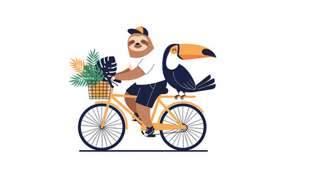 Sloth and Toucan on a Bicycle with Tropical Flowers.