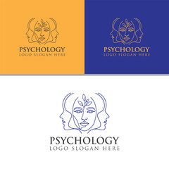Psychology logo with three faces and leaves in gold and blue on a white background template design