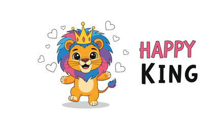 Happy King Lion Cartoon Character with Crown and Hearts.