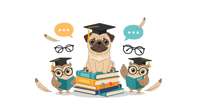 Pug dog wearing graduation cap sitting on books with two owls and glasses.