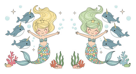 Two mermaids with narwhals and sea plants.