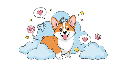 Adorable Corgi Dog with Crown on Cloud Surrounded by Hearts.